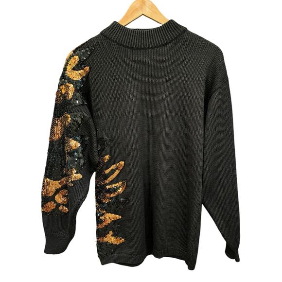 Vintage Black Wool Blend Sequin Sweater Medium Glam Animal Leaf Party Pullover - Picture 4 of 12